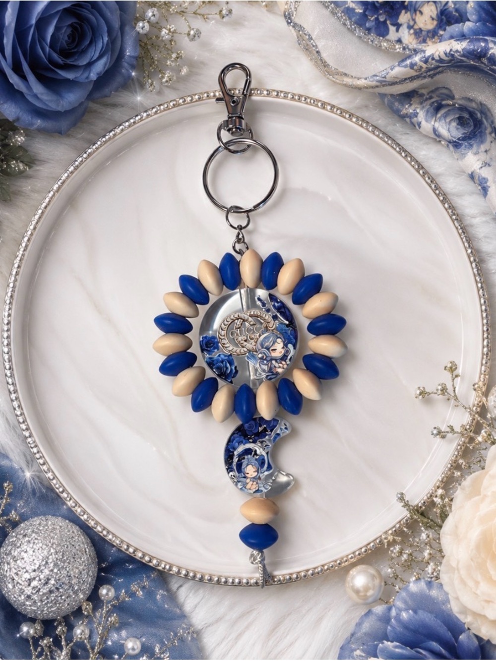 Hand Crafted Blue and Cream Floral Beaded Inspired Keychain